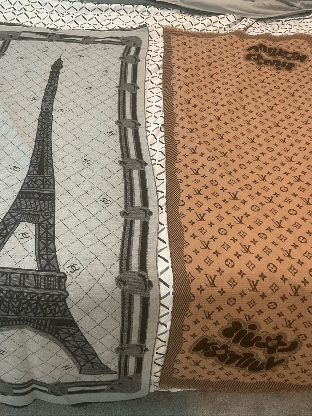 CHANEL Black and White Eiffel Tower Silk-Feel Scarf and LOUIS VUITTON Brown - Picture 2 of 3